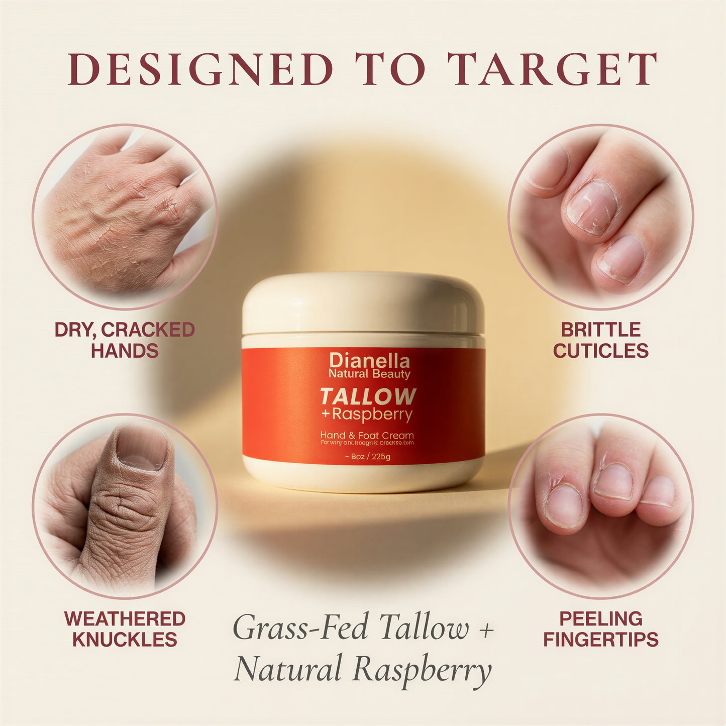 Tallow + Raspberry Hand & Foot Cream for Deep, Lasting Hydration - 8oz