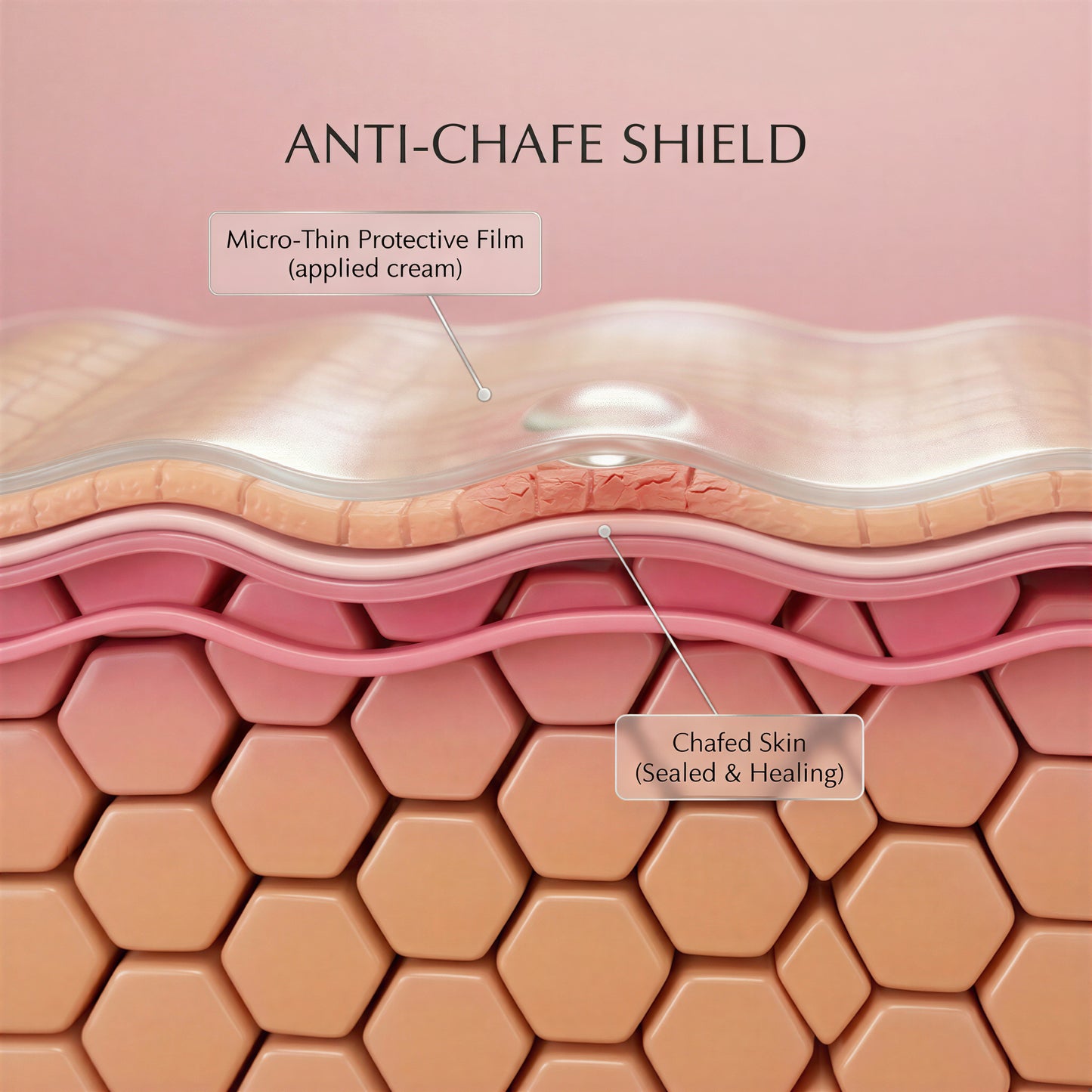 Diagram of anti-chafe shield application on skin with labels
