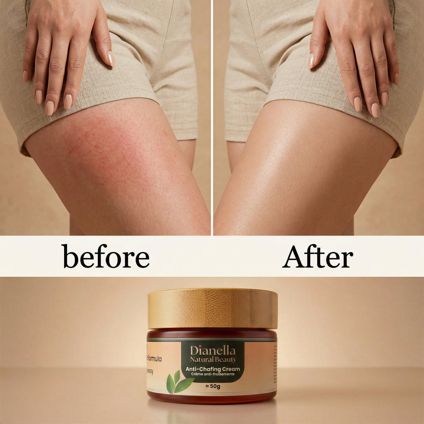 Before and after comparison of legs with Dianella anti-chafing cream.