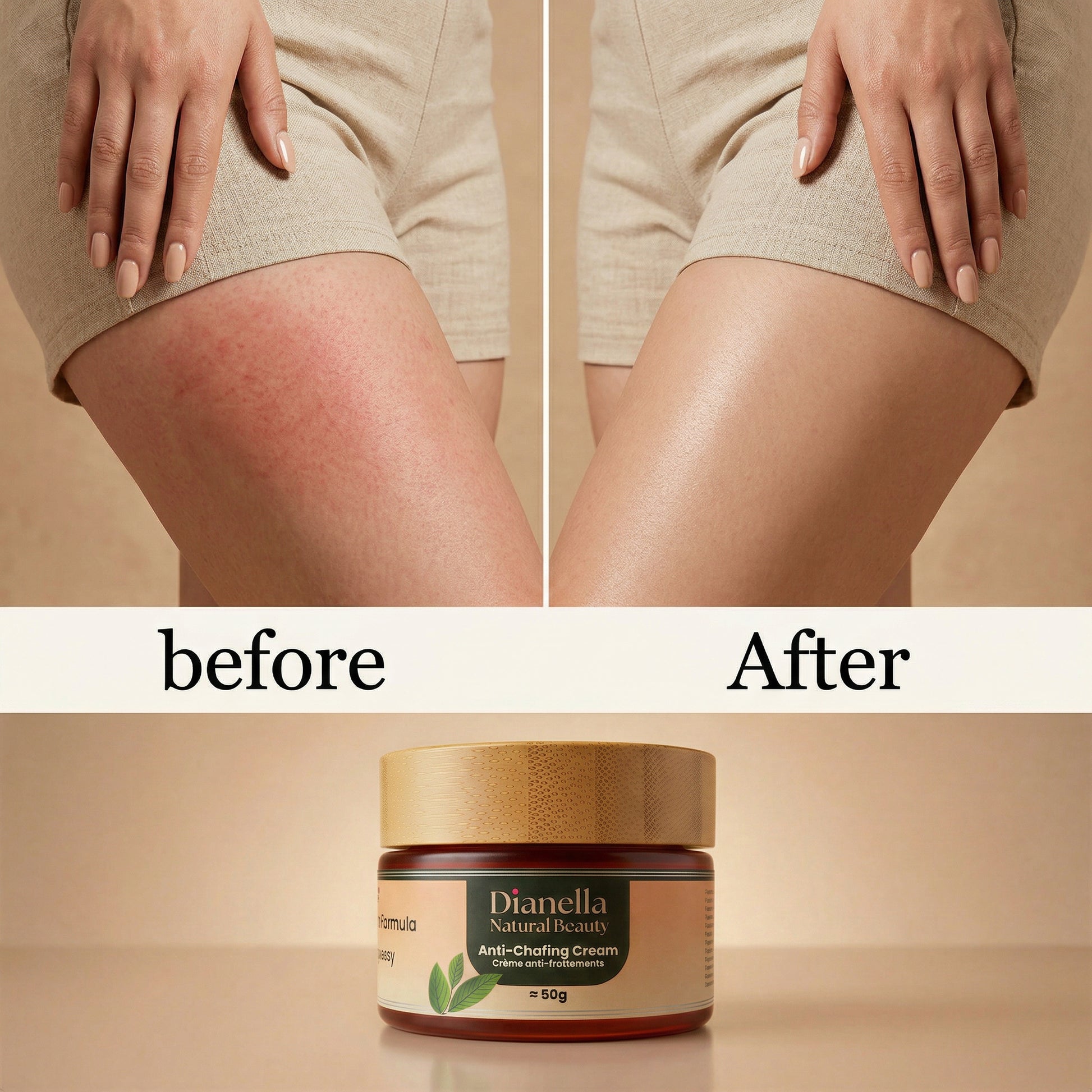 Before and after comparison of legs with Dianella anti-chafing cream.