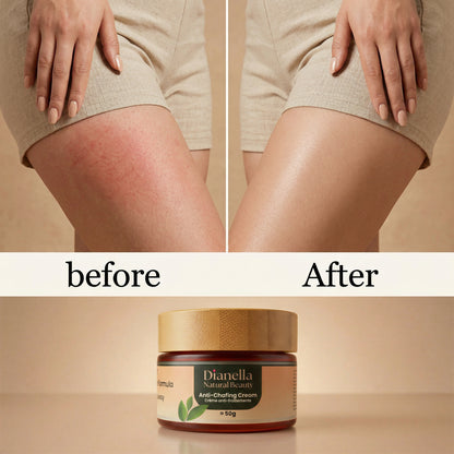 Before and after comparison of legs with Dianella anti-chafing cream.