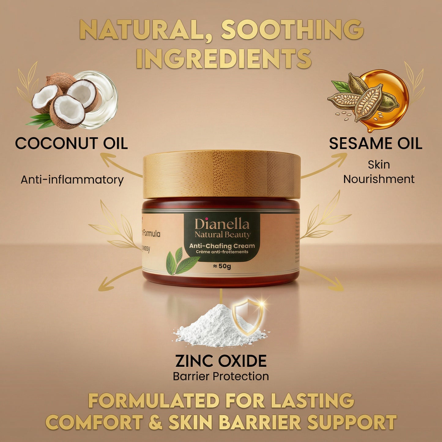 Dianella Anti-Chafing Cream jar with natural ingredients like coconut oil, sesame oil, and zinc oxide on a beige background.