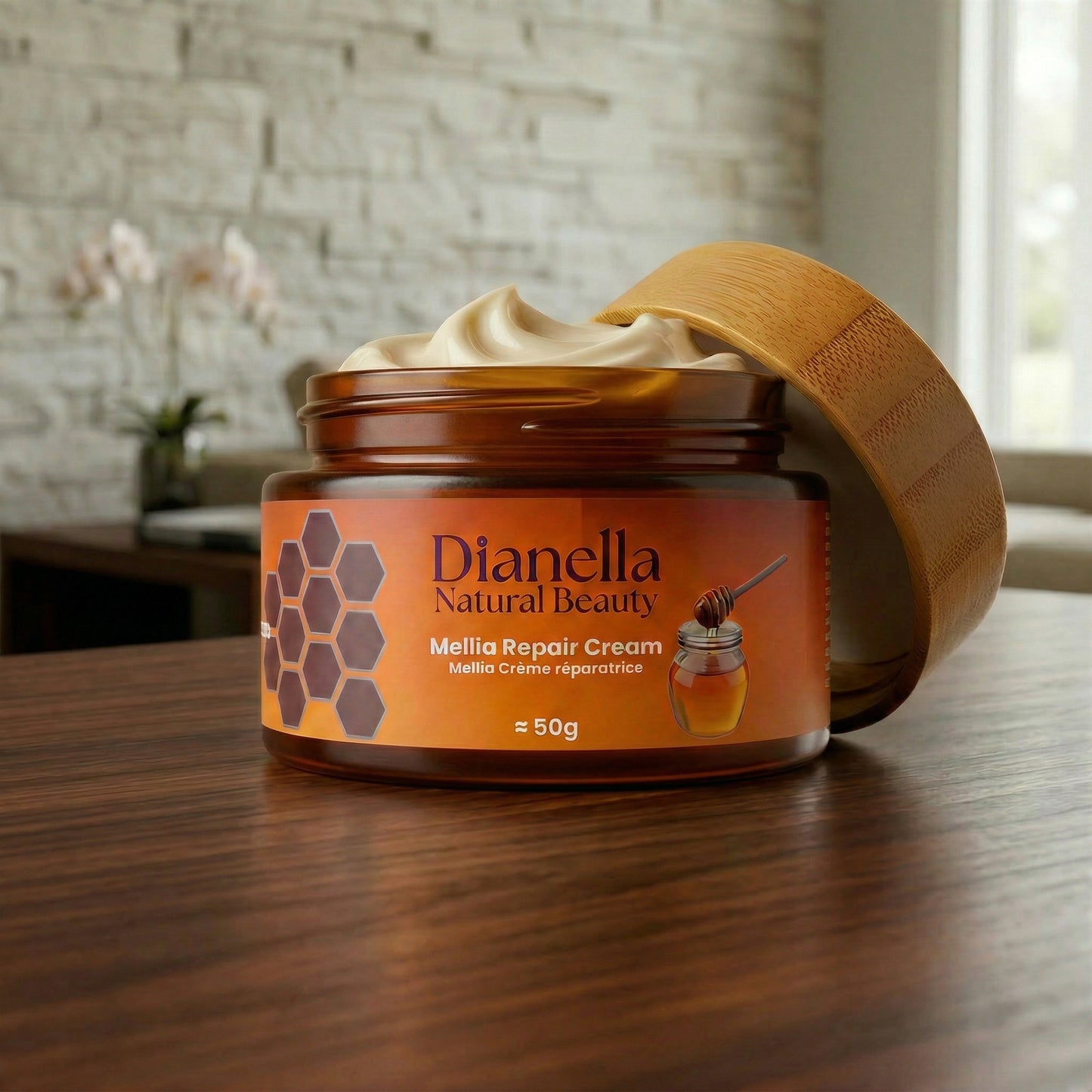 Dianella Natural Beauty Mellia Repair Cream jar on a wooden surface with a blurred background