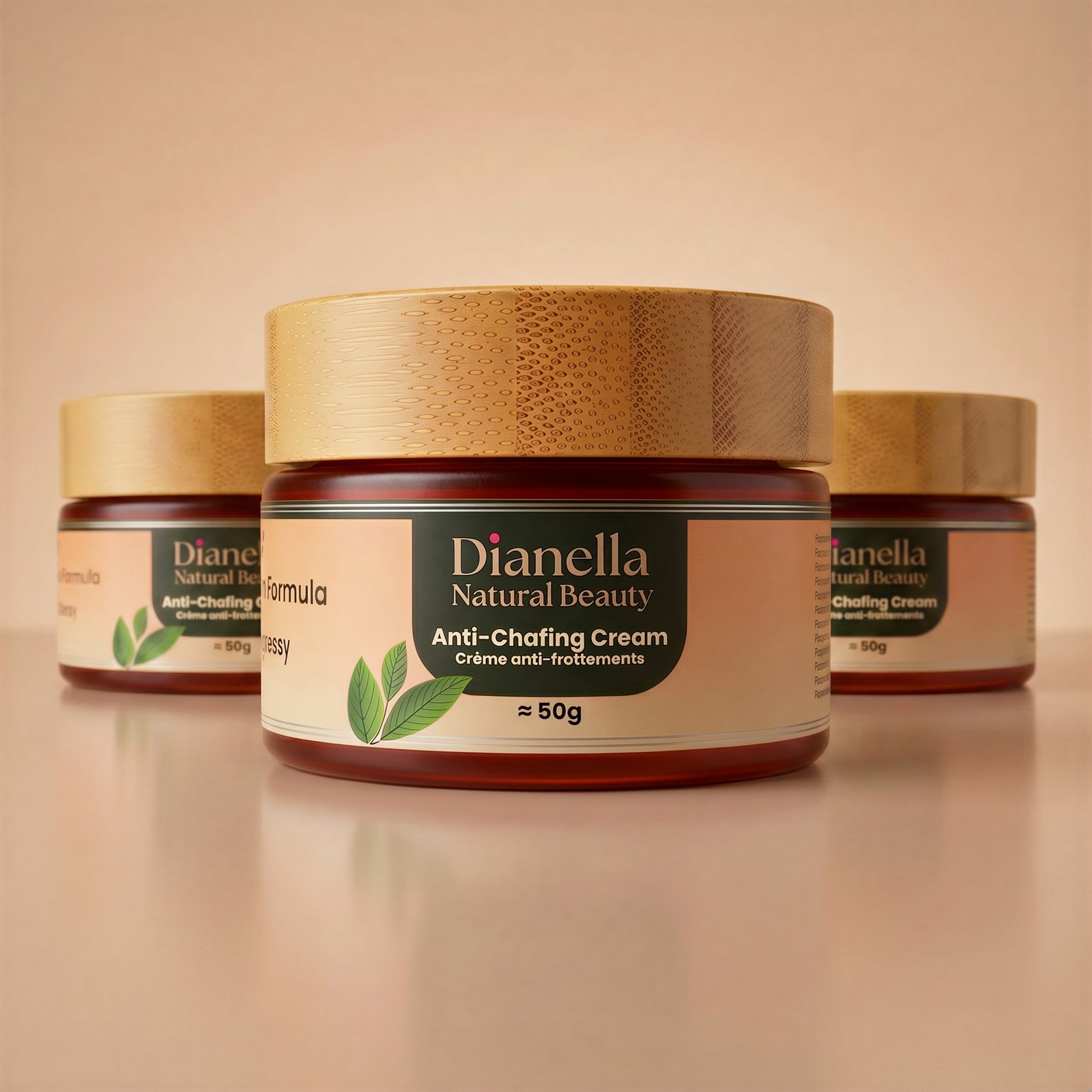 Dianella Anti-Chafing Cream jar with two of the same jars in the background on a beige background. 3-Pack.