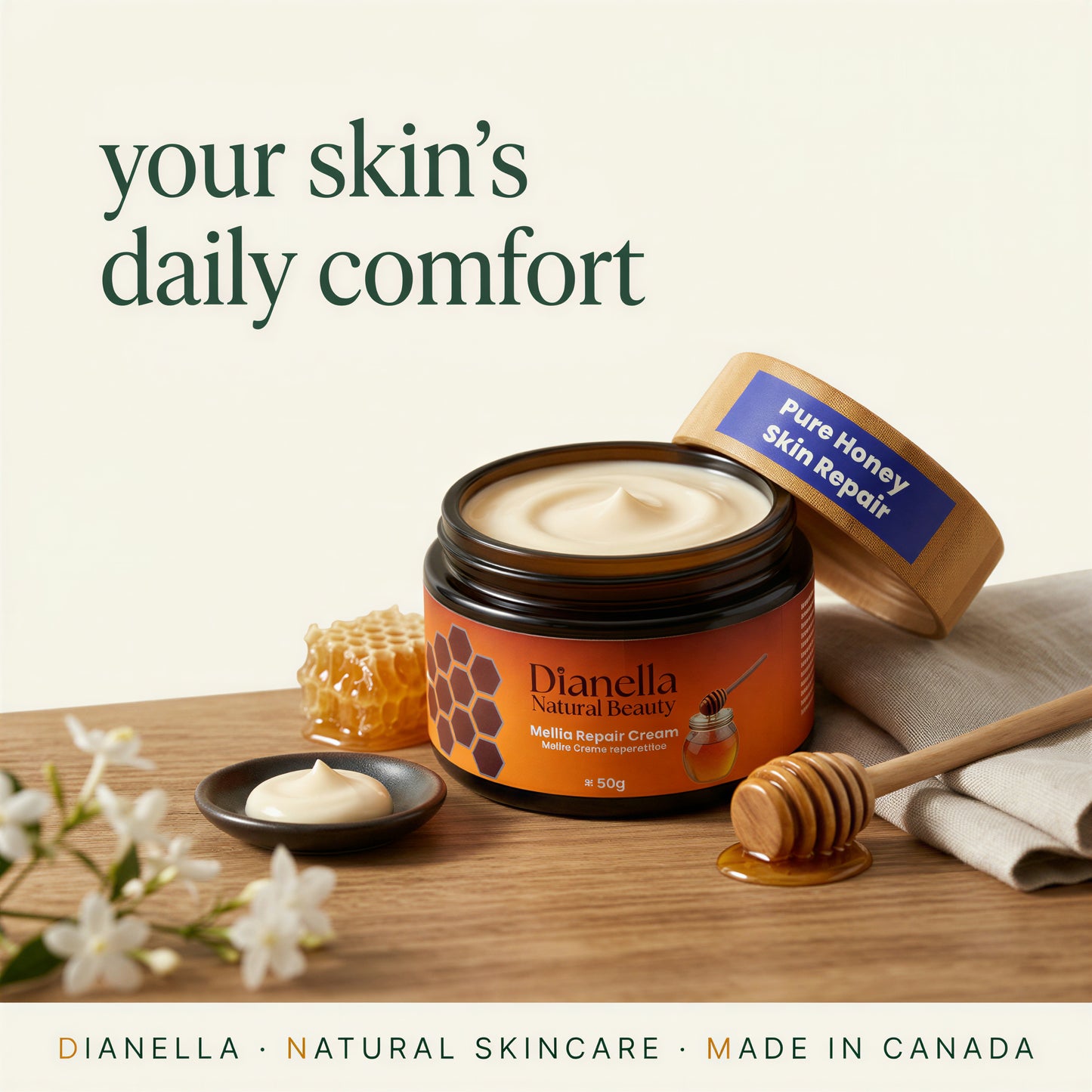 Mellia Honey + Panthenol Skin & Lip Repair Cream - Hands, Body & Lips, 50g