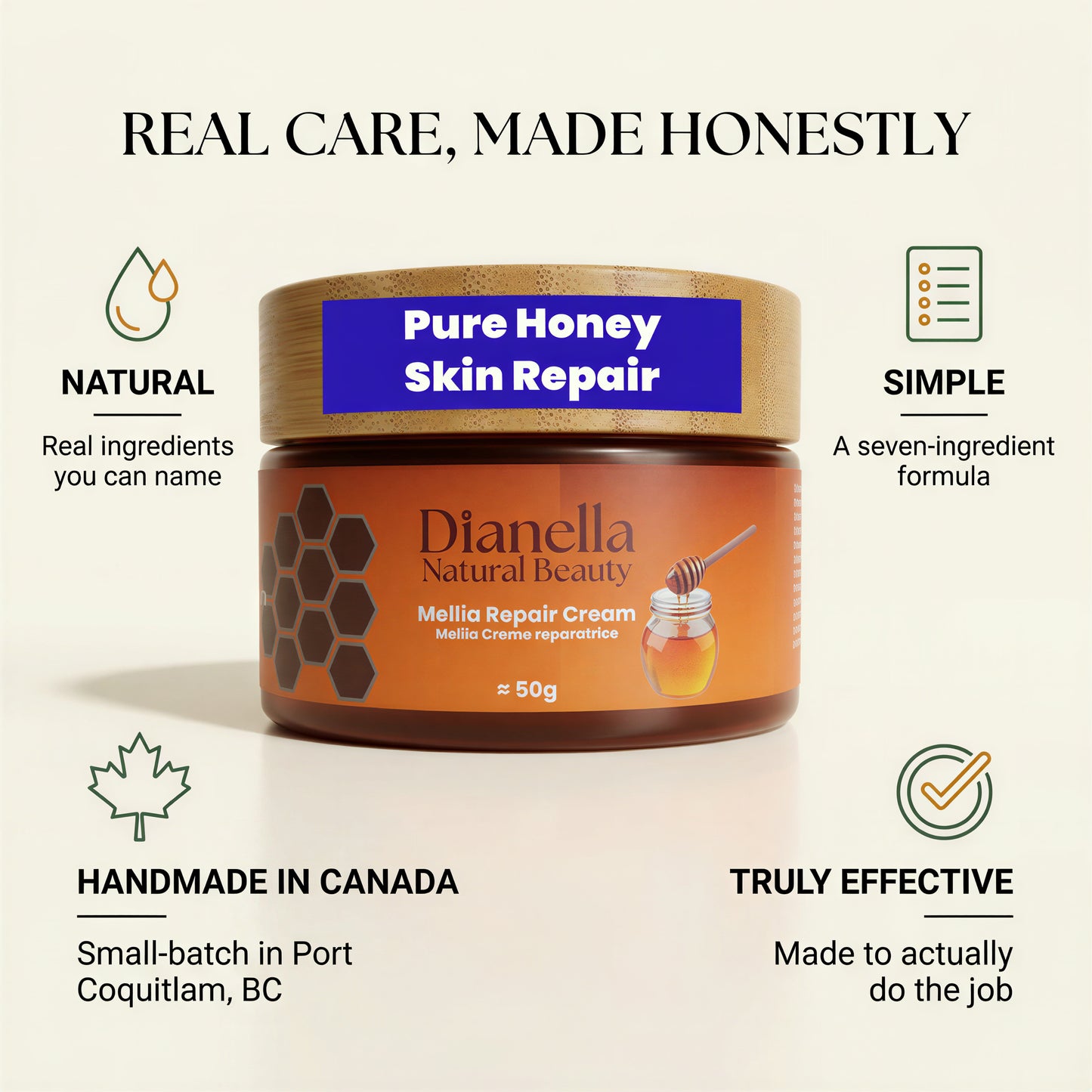 Mellia Honey + Panthenol Skin & Lip Repair Cream - Hands, Body & Lips, 50g