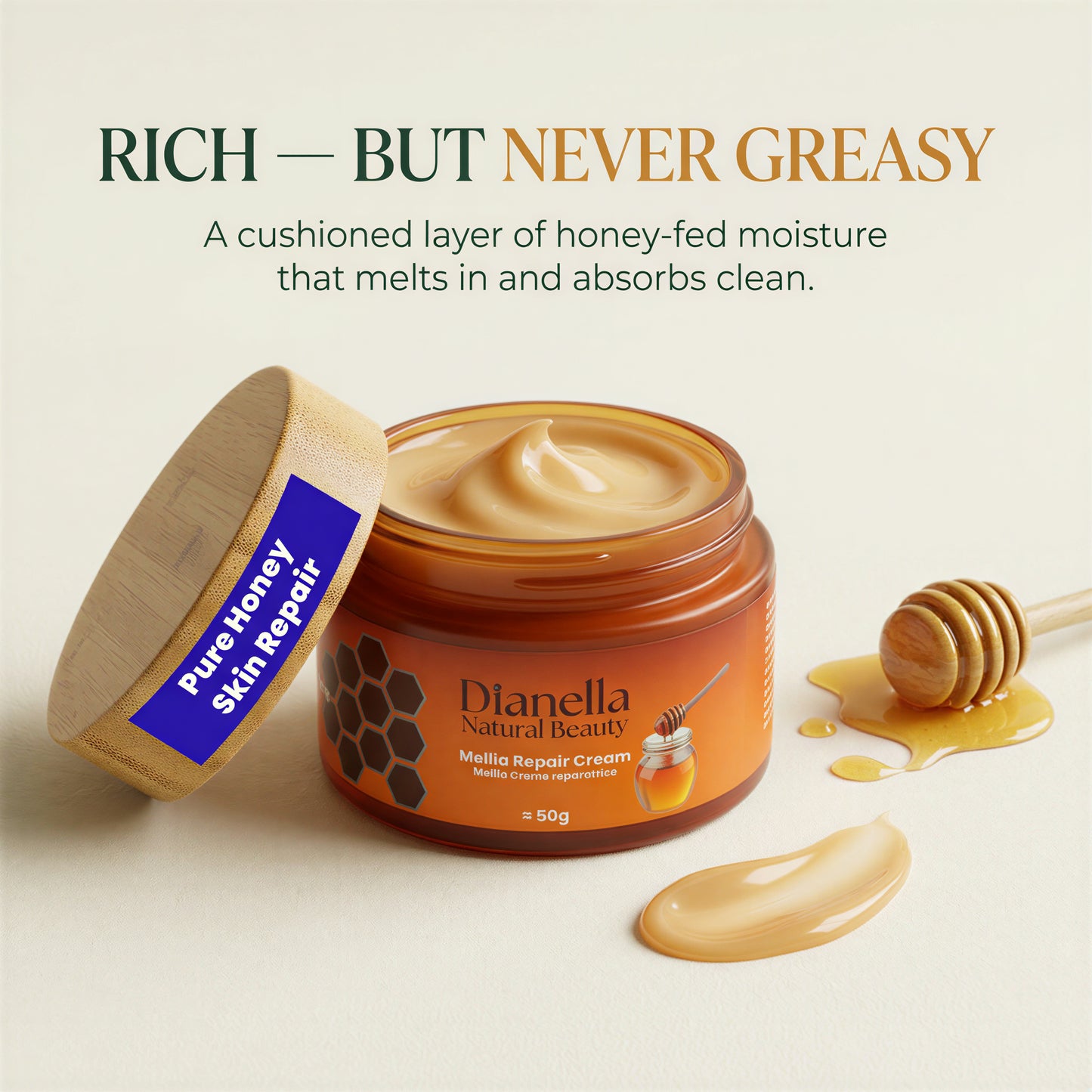 Mellia Honey + Panthenol Skin & Lip Repair Cream - Hands, Body & Lips, 50g
