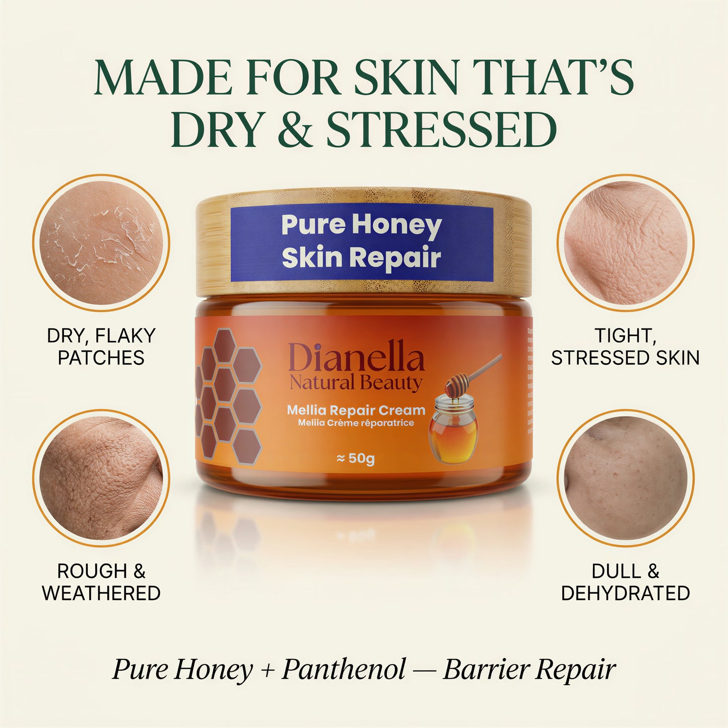 Mellia Honey + Panthenol Skin & Lip Repair Cream - Hands, Body & Lips, 50g