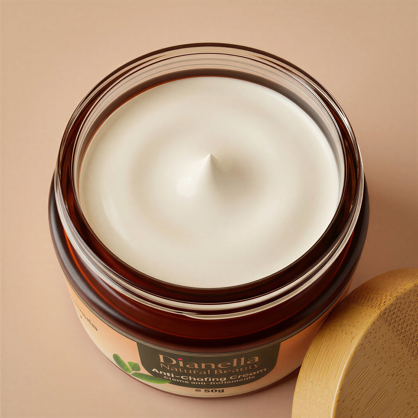 Jar of cream with a wooden lid on a beige background