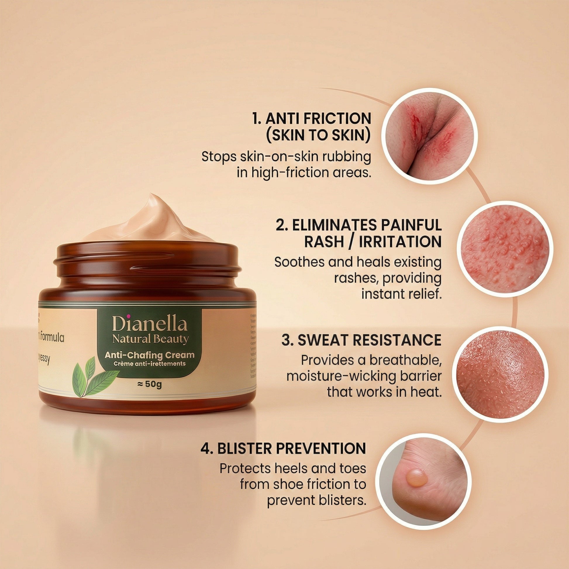Dianella anti-chafing cream jar with benefits on a beige background