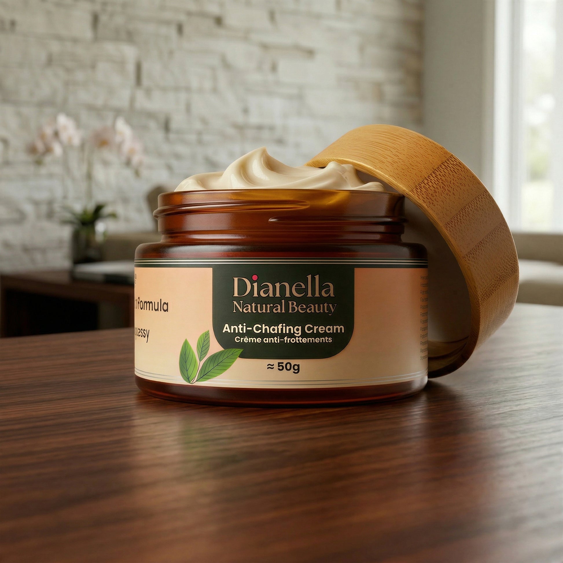 Dianella Natural Beauty Anti-Chafing Cream jar on a wooden surface with a blurred background